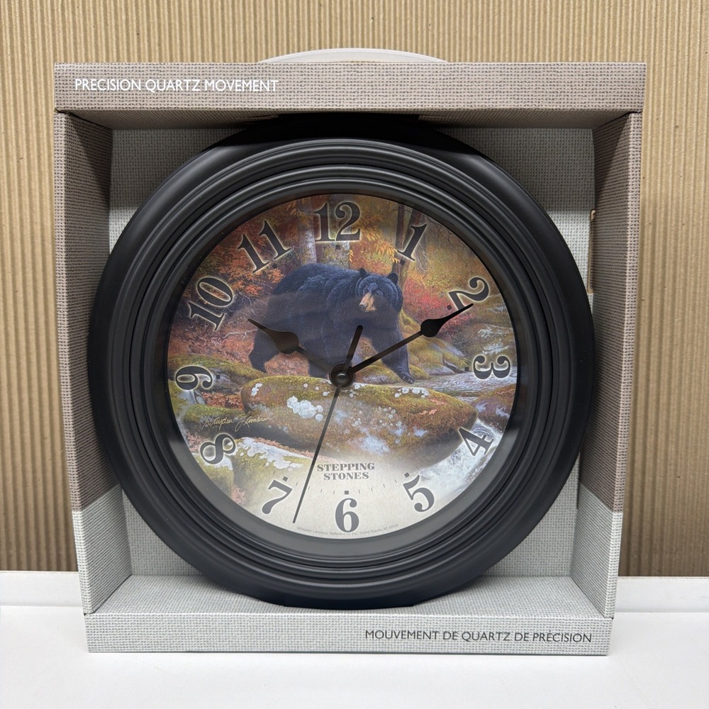 10" Reflective Art Clock Stepping Stones Black Bear Modern Frame Rustic Cabin